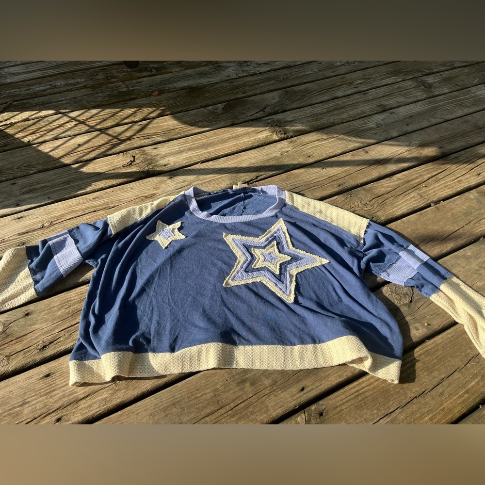 POL Sweater Womens Med Blue & Cream Patchwork Stars Boutique Long Sleeve Top - Picture 11 of 11